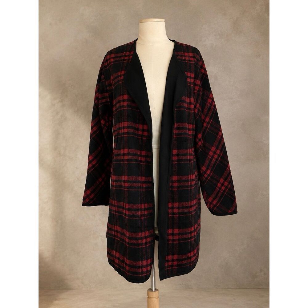 36.5 Sz S Plaid Open Front Longline Jacket Red Black Cozy Shacket